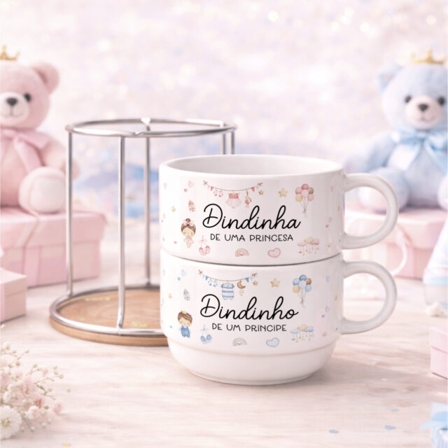Kit com duas xícaras personalizadas para dindos em porcelana 150 ml